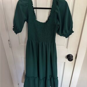 Hill House Emerald Green Midi Dress with Smocked Bodice and Puff Sleeves